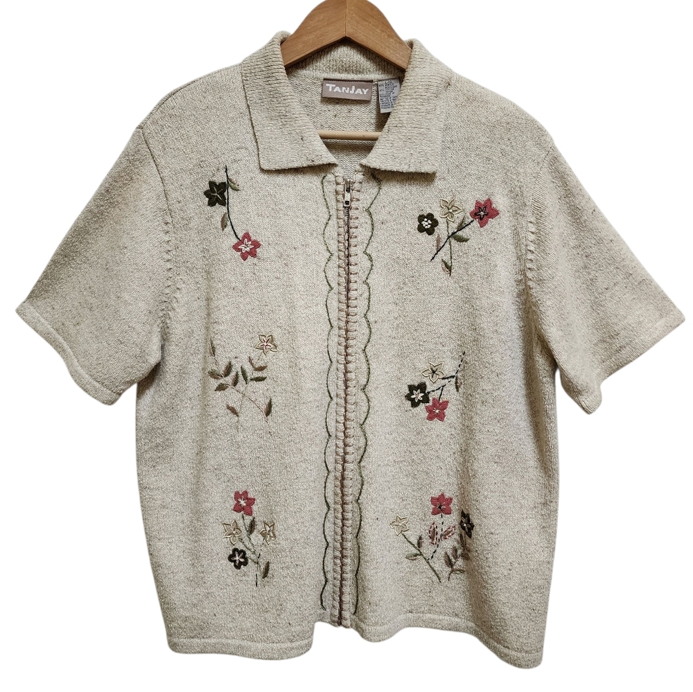 TanJay Sweater Womens Sz L Beige Knit Floral Embroidered Short Sleeve Full Zip